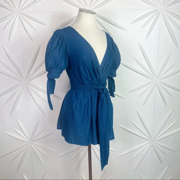 C/MEO Collective Kind to you Romper Puff Sleeve Cross Back Romper in Indigo - Picture 10 of 14
